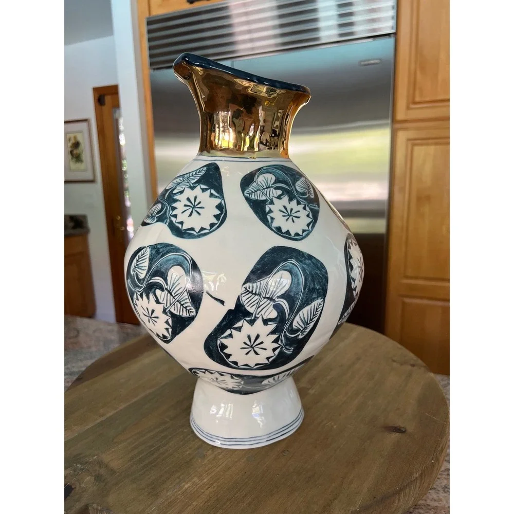 Ruan Hoffmann Anthropologie Dreambirds Wide Vase Navy Gold 14